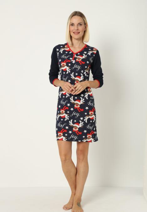 Camasa de noapte Craciun,imprimeu reni,culoare bleumarin ,En-gros